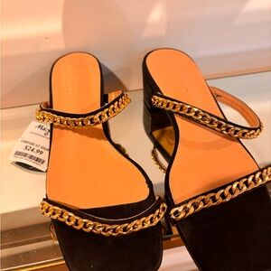 Nicole Miller Black Sandals with Gold Chain Trim NWT